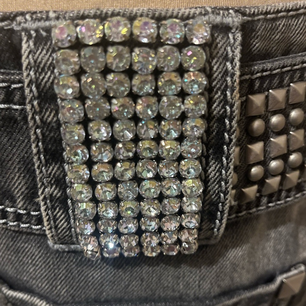 Capture Denim Studded Washed Black Denim Mini Skirt w/ Rhinestone Belt, Medium - Picture 5 of 10